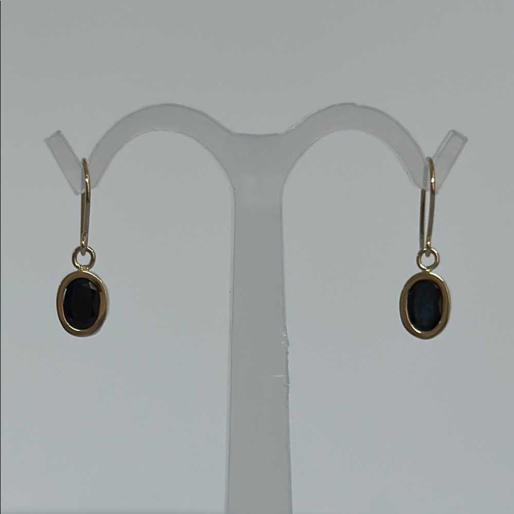 10k real solid gold Sapphire Gold Oval Drop Earrings with Bezel Setting​